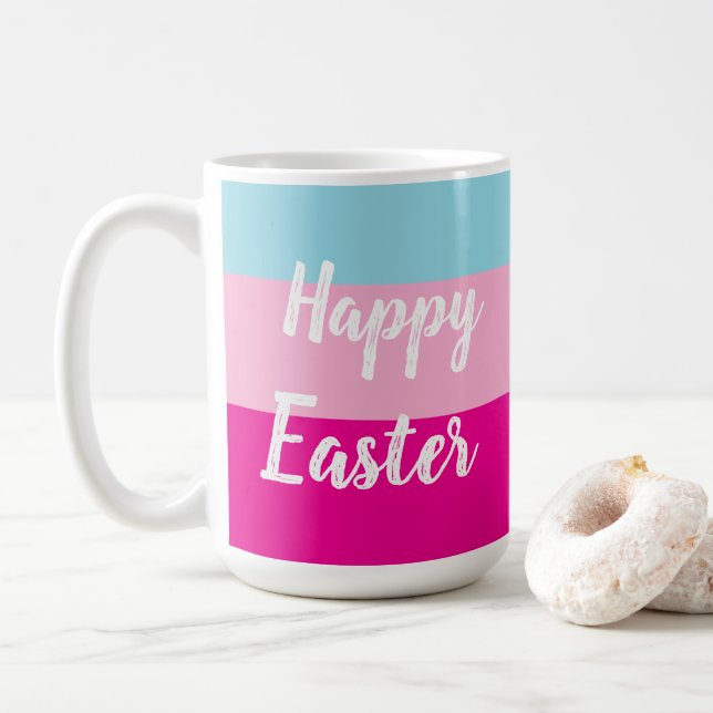 Colourful Stripes Pattern Happy Easter Flat Card Coffee Mug (With Donut)