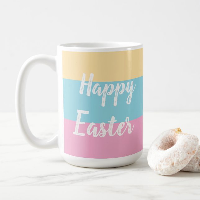 Colourful Stripes Pattern Happy Easter Flat Card Coffee Mug (With Donut)