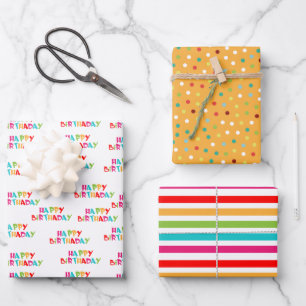 Colourful stripes polka dots Happy Birthday Wrapping Paper Sheet