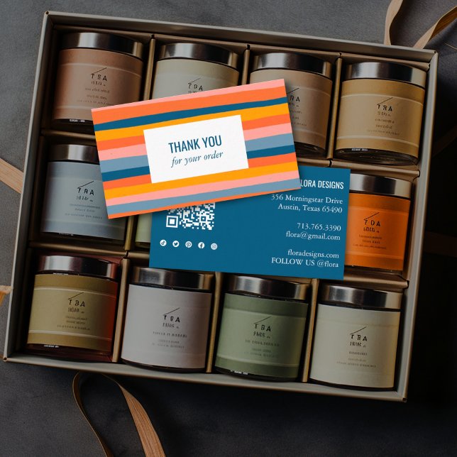 Colourful Stripes QR Code Social Media Thank You Business Card (Bright stripes thank you cards with custom social media icons and QR code.)