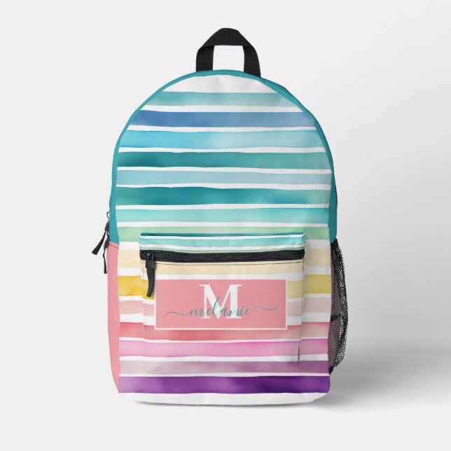 Colourful Stripes Rainbow Custom Monogram Name Printed Backpack (Front)