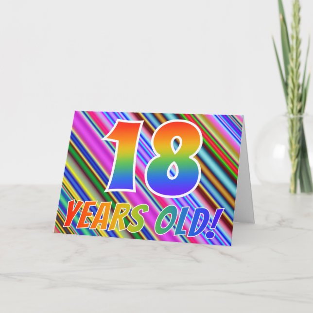 Colourful Stripes + Rainbow Pattern "18 years Card (Front)