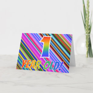 Colourful Stripes + Rainbow Pattern "1 year old!" Card