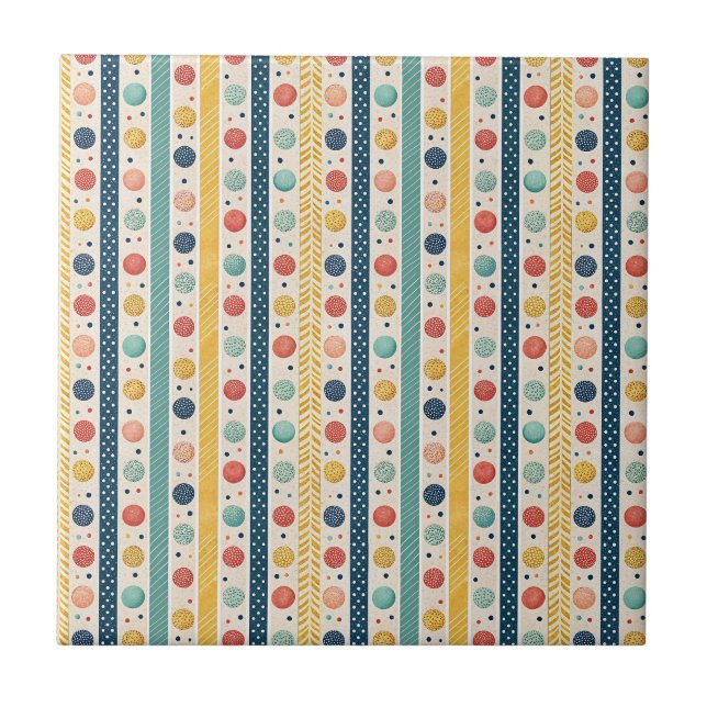 Colourful Stripes & Textured Polka Dots Pattern Ceramic Tile (Front)