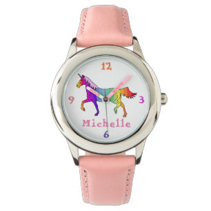 Colourful Stripes Unicorn with Name Personalizable Watch