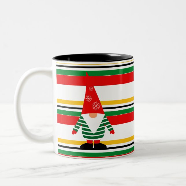 Colourful Stripes with Cute Gnome Christmas Two-Tone Coffee Mug (Left)