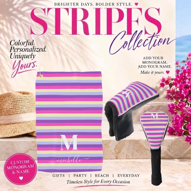 Colourful Stripes with Monogram Script Golf Head Cover (Colorful Stripes Collection -Monogram and Script-Purple Pink Yellow and Blue)