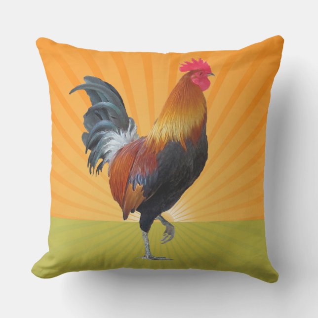 Colourful Strutting Rooster Design Outdoor Pillow (Front)