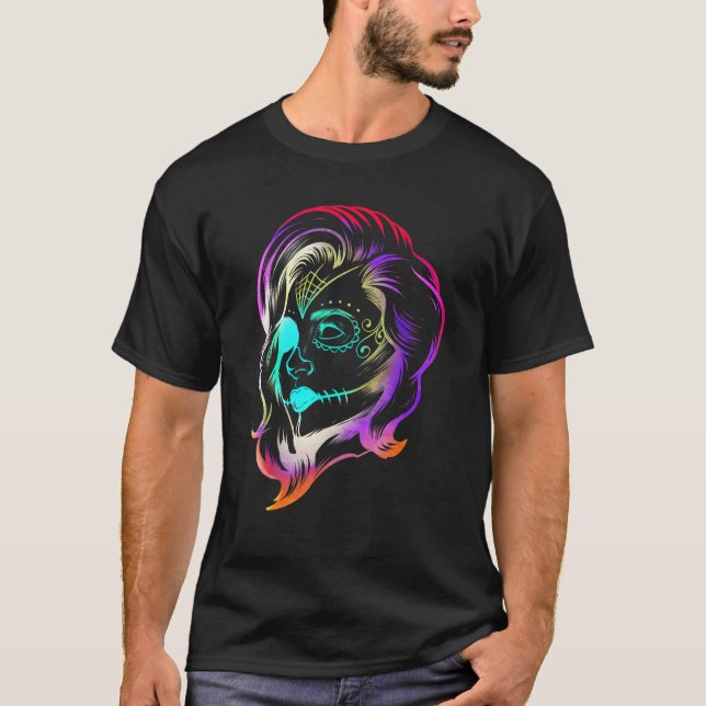 Colourful Stylised Female Calaveras Makeup Day Of  T-Shirt (Front)