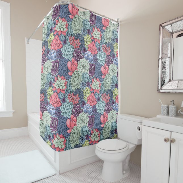 Colourful Succulent Pattern Shower Curtain (In Situ)