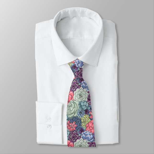 Colourful Succulent Pattern Tie (Tied)