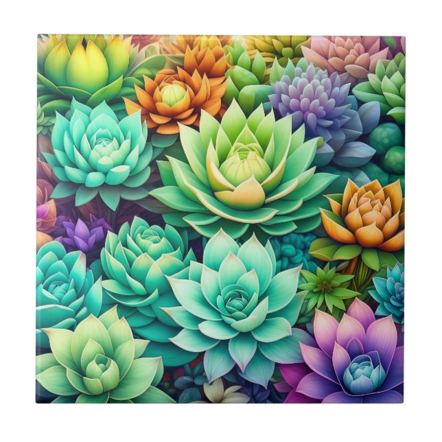 Colourful Succulents Collage Ceramic Tile (Front)