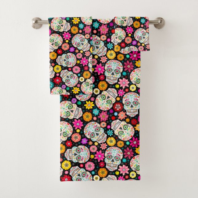 Colourful Sugar Skull and Flower Fiesta Black Bath Towel Set (Insitu)
