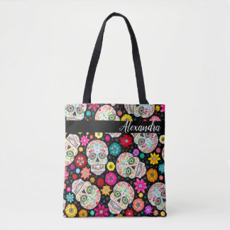 Colourful Sugar Skull and Flower Fiesta Black Tote Bag