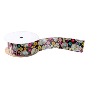 Colourful Sugar Skull and Flower Fiesta on Black Satin Ribbon