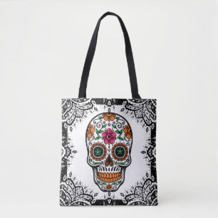 Colourful Sugar Skull Black Paisley Frame Tote Bag