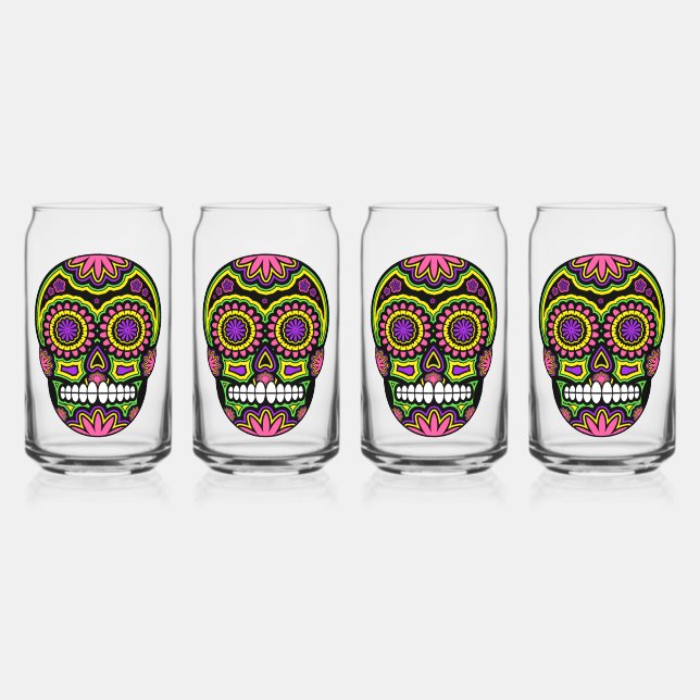 Colourful Sugar Skull Can Glass (Front)