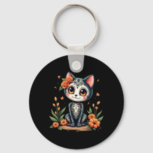 Colourful Sugar Skull Cat Mexican Halloween Key Ring