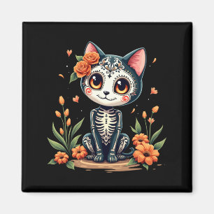 Colourful Sugar Skull Cat Mexican Halloween Magnet
