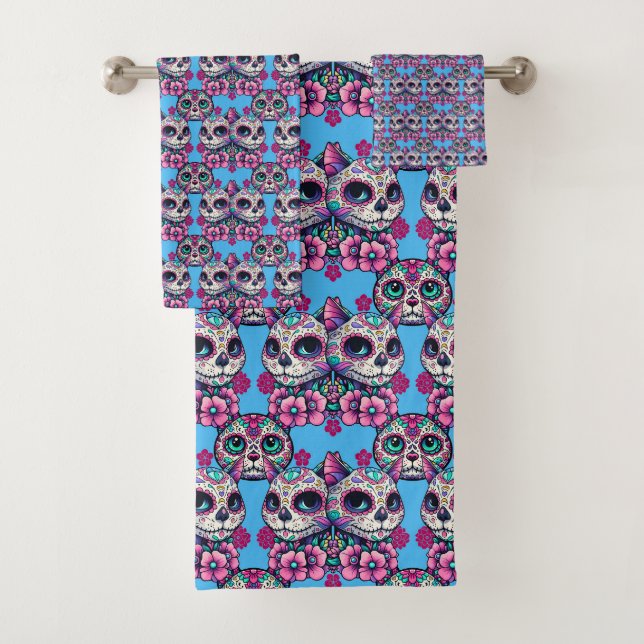 Colourful Sugar Skull Cat Pattern Bath Towel Set (Insitu)