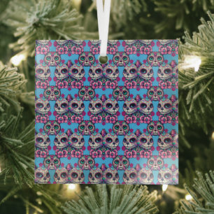 Colourful Sugar Skull Cat Pattern Glass Tree Decoration