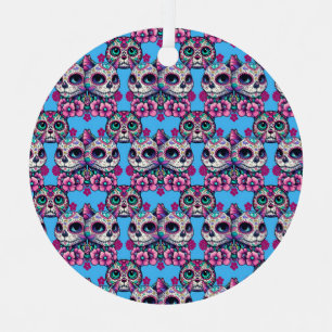 Colourful Sugar Skull Cat Pattern Metal Tree Decoration