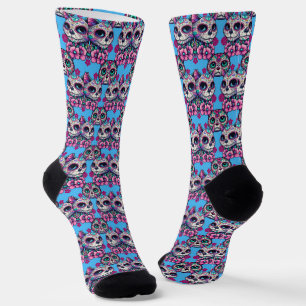 Colourful Sugar Skull Cat Pattern Socks