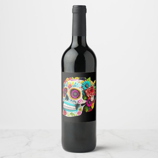 Colourful Sugar Skull Day of the Dead Calaveras Wine Label (Front)