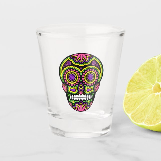 Colourful Sugar Skull Design Shot Glass (Front)