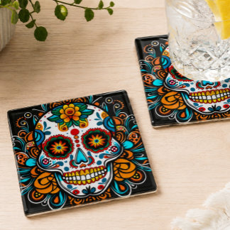 Colourful Sugar Skull Día de los Muertos Glass Coaster