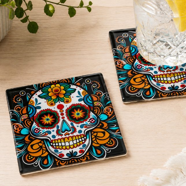 Colourful Sugar Skull Día de los Muertos Glass Coaster (Creator Uploaded)