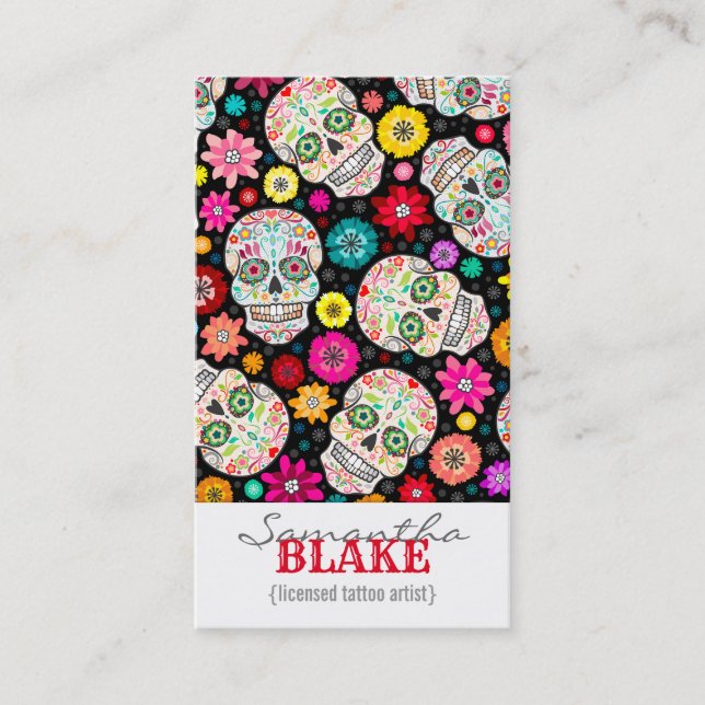 Colourful Sugar Skull Fiesta on Black Business Card (Front)