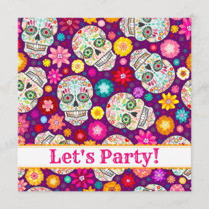Colourful Sugar Skull Fiesta on Purple Party Invit Invitation