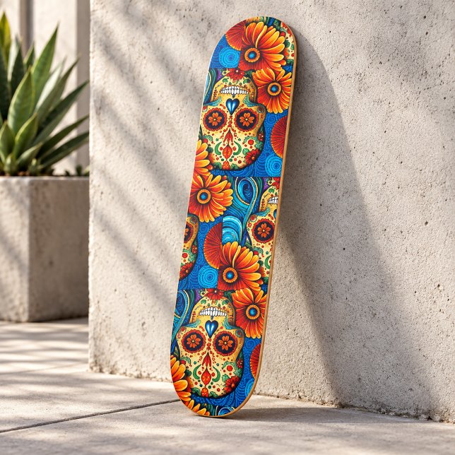 Colourful Sugar Skull Floral Folk Art Skate Style Skateboard (Creator Uploaded)