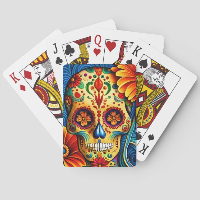 Colourful Sugar Skull Folk Art Design Playing Cards (Back)