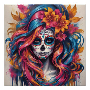 Colourful Sugar Skull no ca Glossy Poster