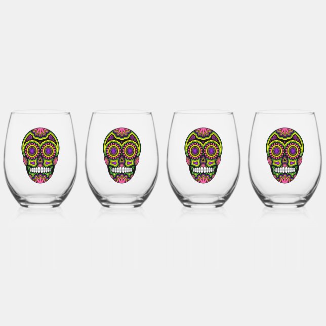 Colourful Sugar Skull Stemless Wine Glass (Front)