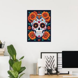 Colourful Sugar Skull with Marigolds  Poster