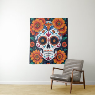 Colourful Sugar Skull with Marigolds Tapestry