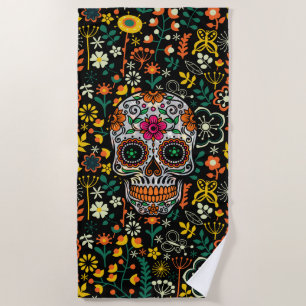 Colourful Sugar Skull With Retro Flowers Backgroun Beach Towel