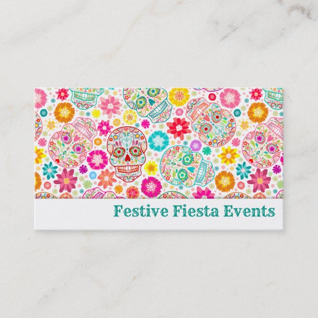 Colourful Sugar Skulls and Flowers Fiesta Business Card (Front)