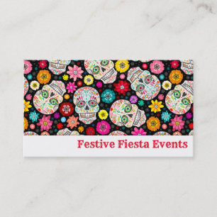 Colourful Sugar Skulls and Flowers Fiesta on Black Business Card
