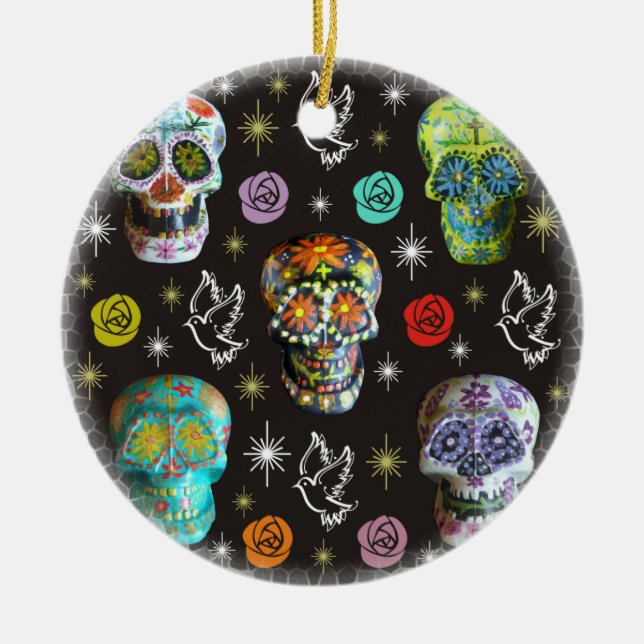 Colourful Sugar Skulls Ceramic Ornament (Front)