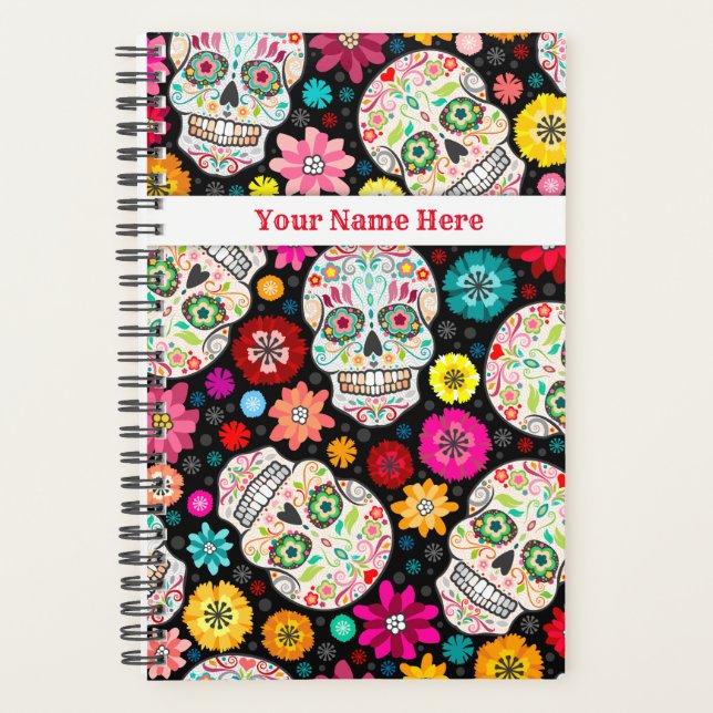 Colourful Sugar Skulls Fiesta on Black Planner (Front)