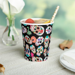 Colourful Sugar Skulls on Black Halloween Paper Cups