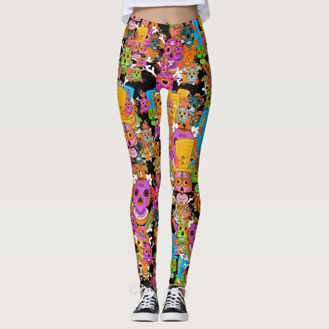 Colourful Sugar Skulls Pattern Leggings (Front)