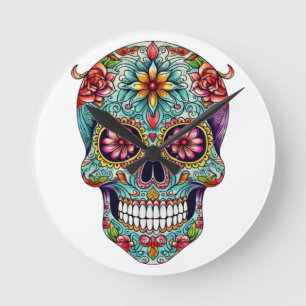 Colourful Sugar Skulls Round Clock