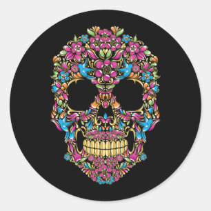 Colourful Sugar Skulls With Flowers And Birds _ Classic Round Sticker