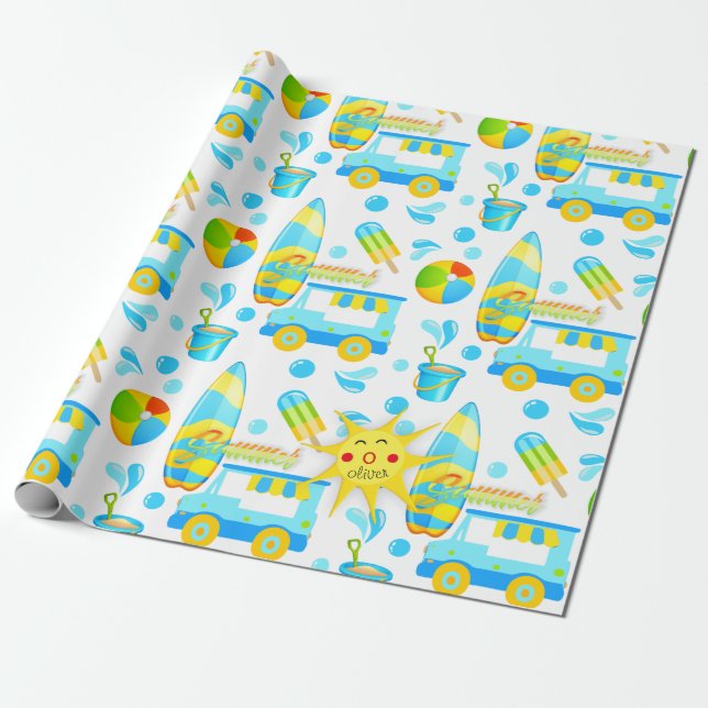 Colourful Summer and Beach Fun Monogrammed Pattern Wrapping Paper (Unrolled)