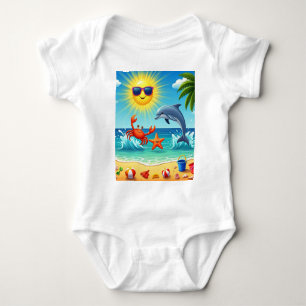 Colourful Summer Beach Crab Dolphin Blue Sky Baby Bodysuit